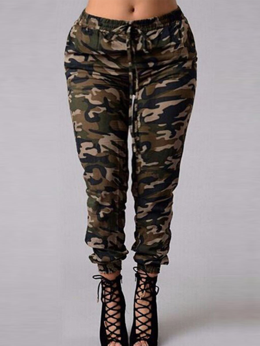 

Lovely Plus Size Street Camo Print Drawstring Green Pants