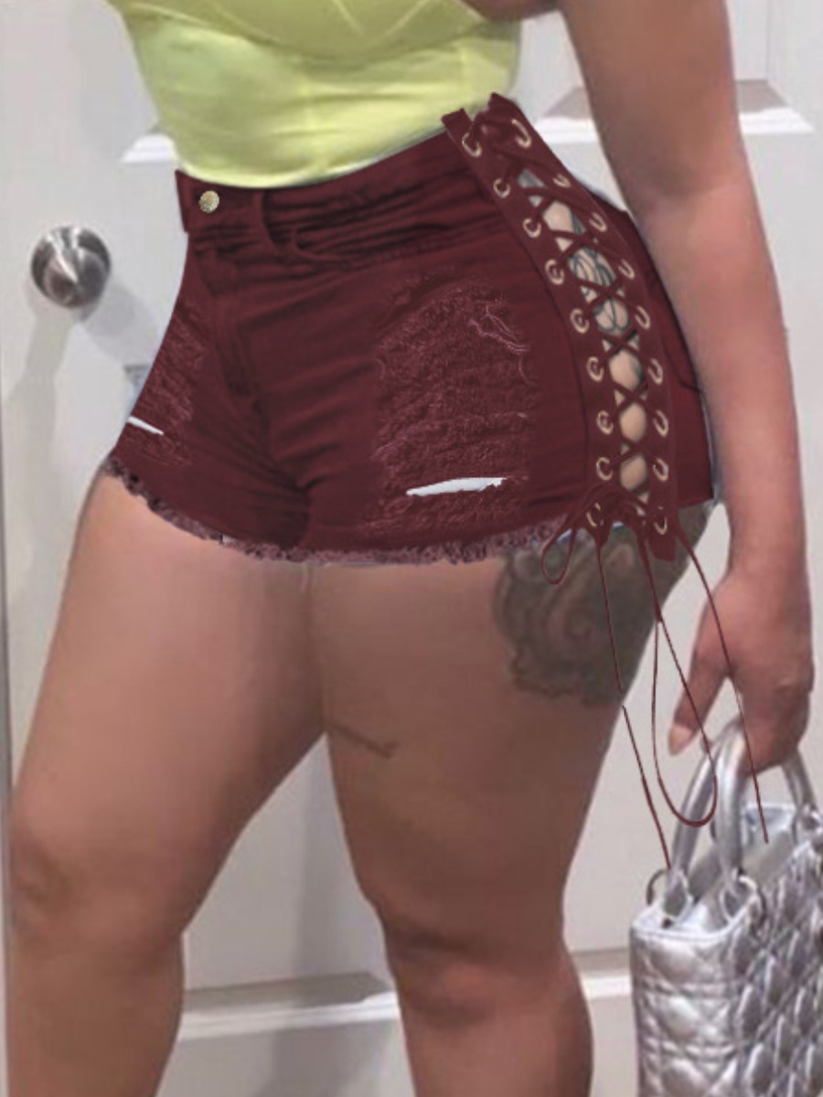 

Lovely Casual Bandage Hollow-out Design Wine Red Denim Shorts