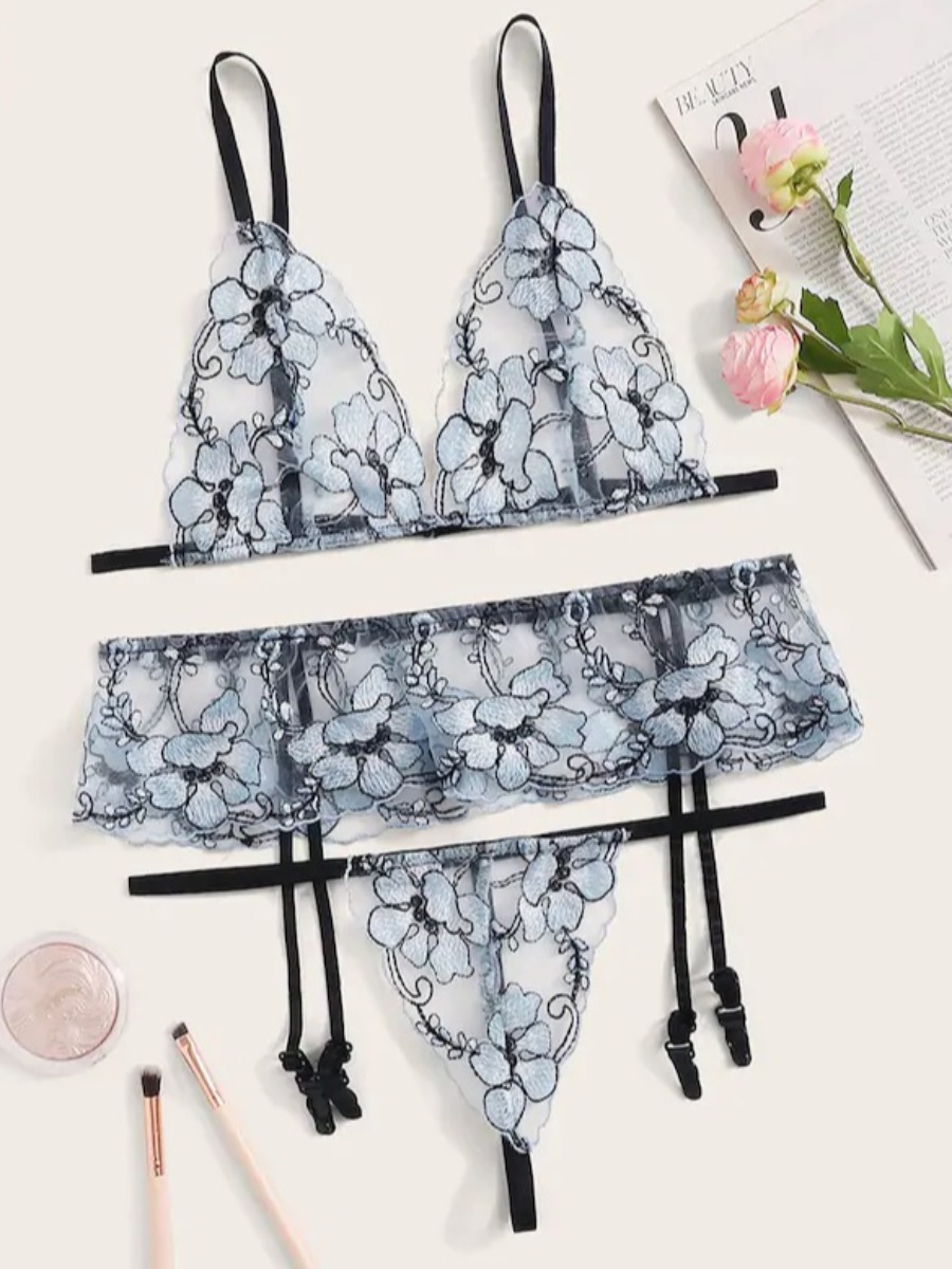 

Lovely Sexy See-through Floral Decoration Blue Bra Set