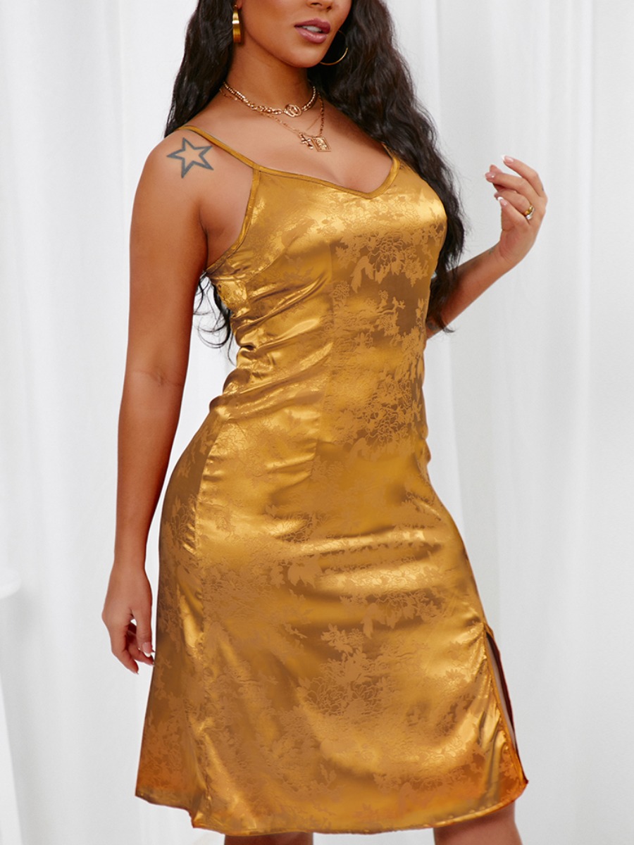 

Lovely Sexy V Neck Split Yellow Knee Length Dress