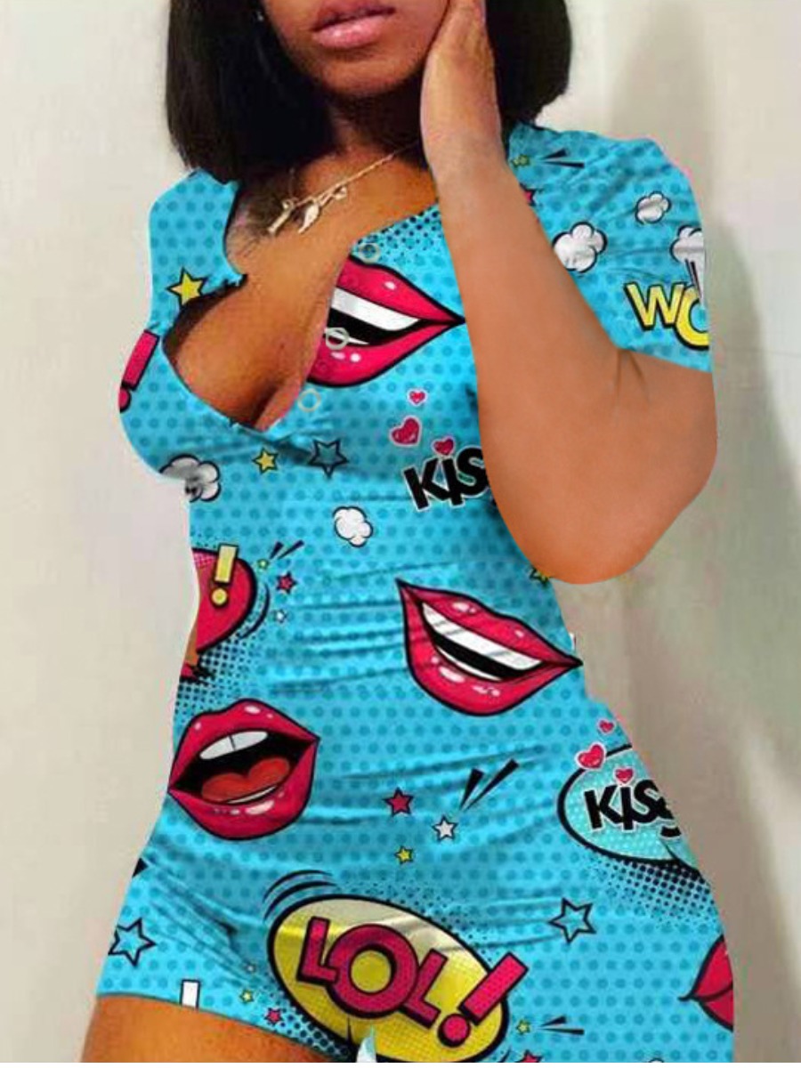 

Lovely Sweet Lip Letter Print Blue Sleepwear