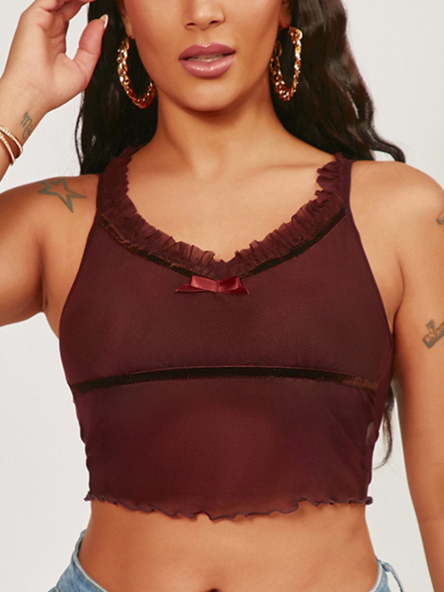 

Lovely Sexy Lettuce Trim Bow-tie Decoration Brown Camisole