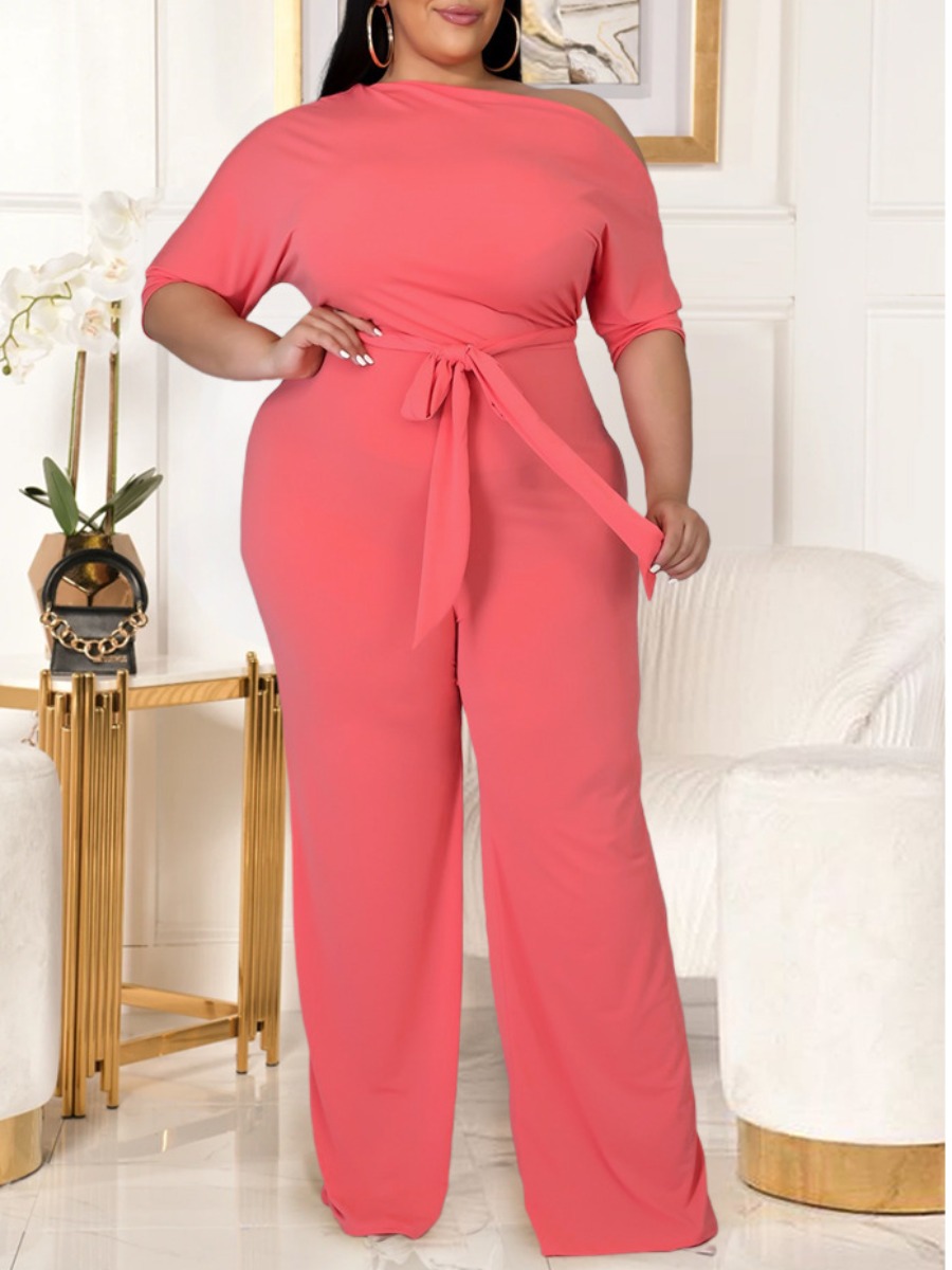 

Lovely Plus Size Elegant Boat Neck Bandage Design Watermelon Red One-piece Jumpsuit