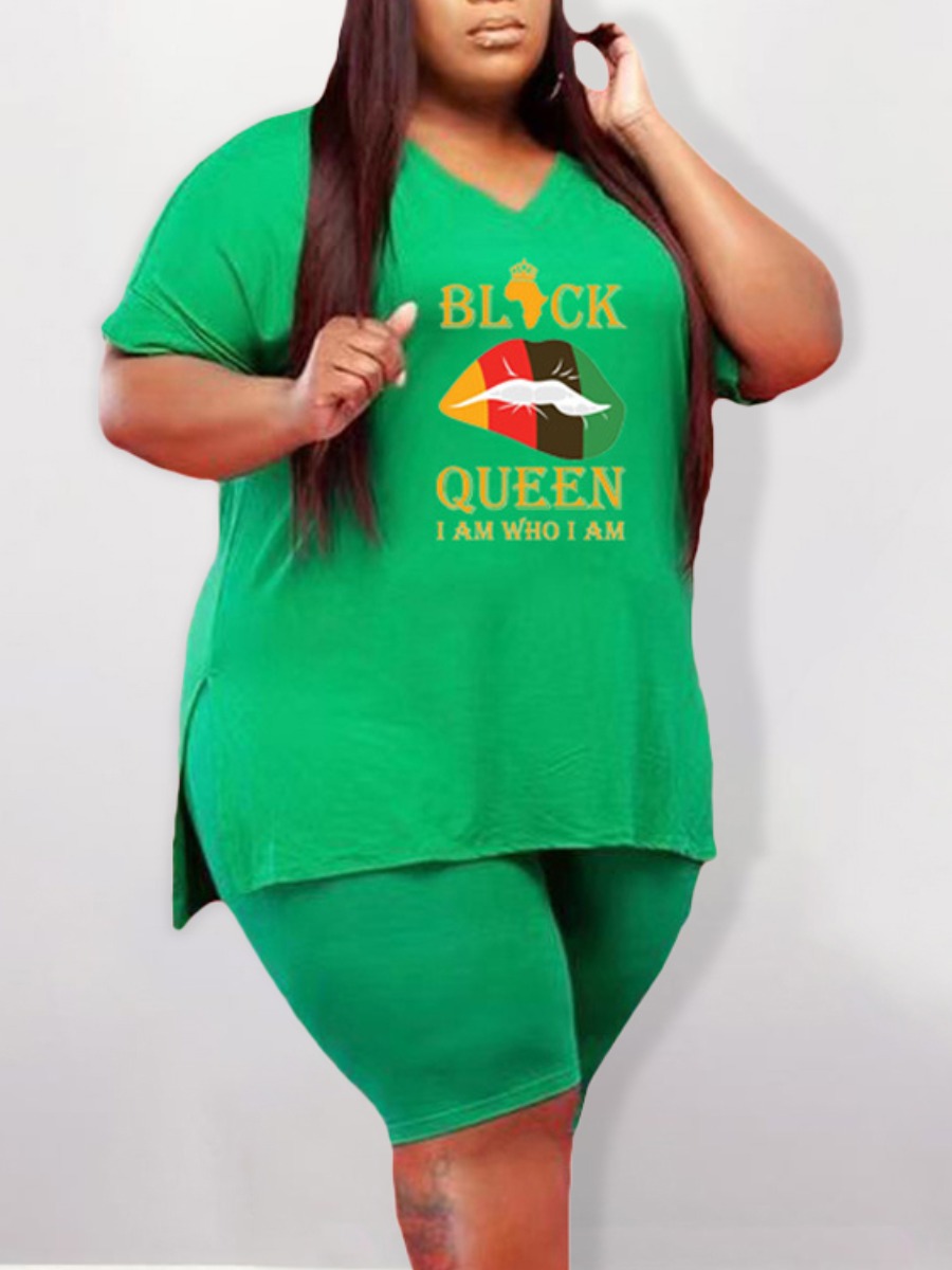 

Lovely Casual Lip Letter Print Split Green Plus Size Two-piece Shorts Set