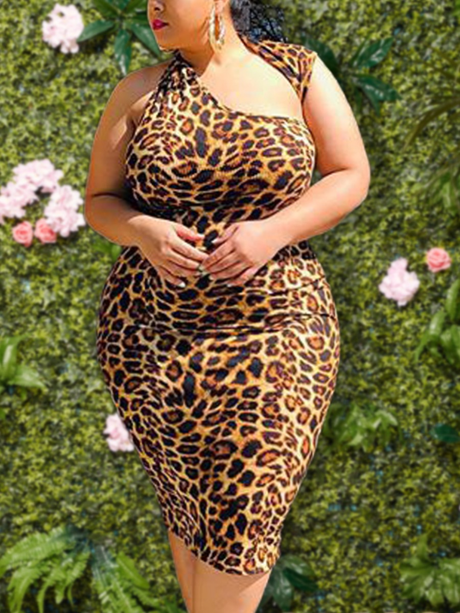 

Lovely Plus Size Sweet Leopard Print Hollow-out Knee Length Dress