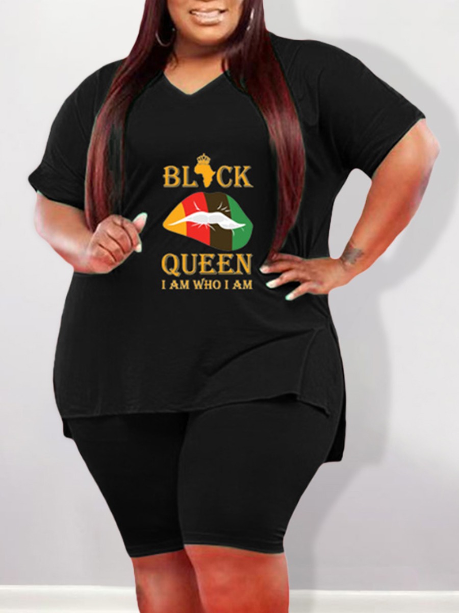

Lovely Casual Lip Letter Print Split Black Plus Size Two-piece Shorts Set