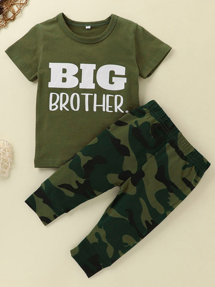

Lovely Boy Casual Camo Letter Print Army Green Two Piece Pants Set