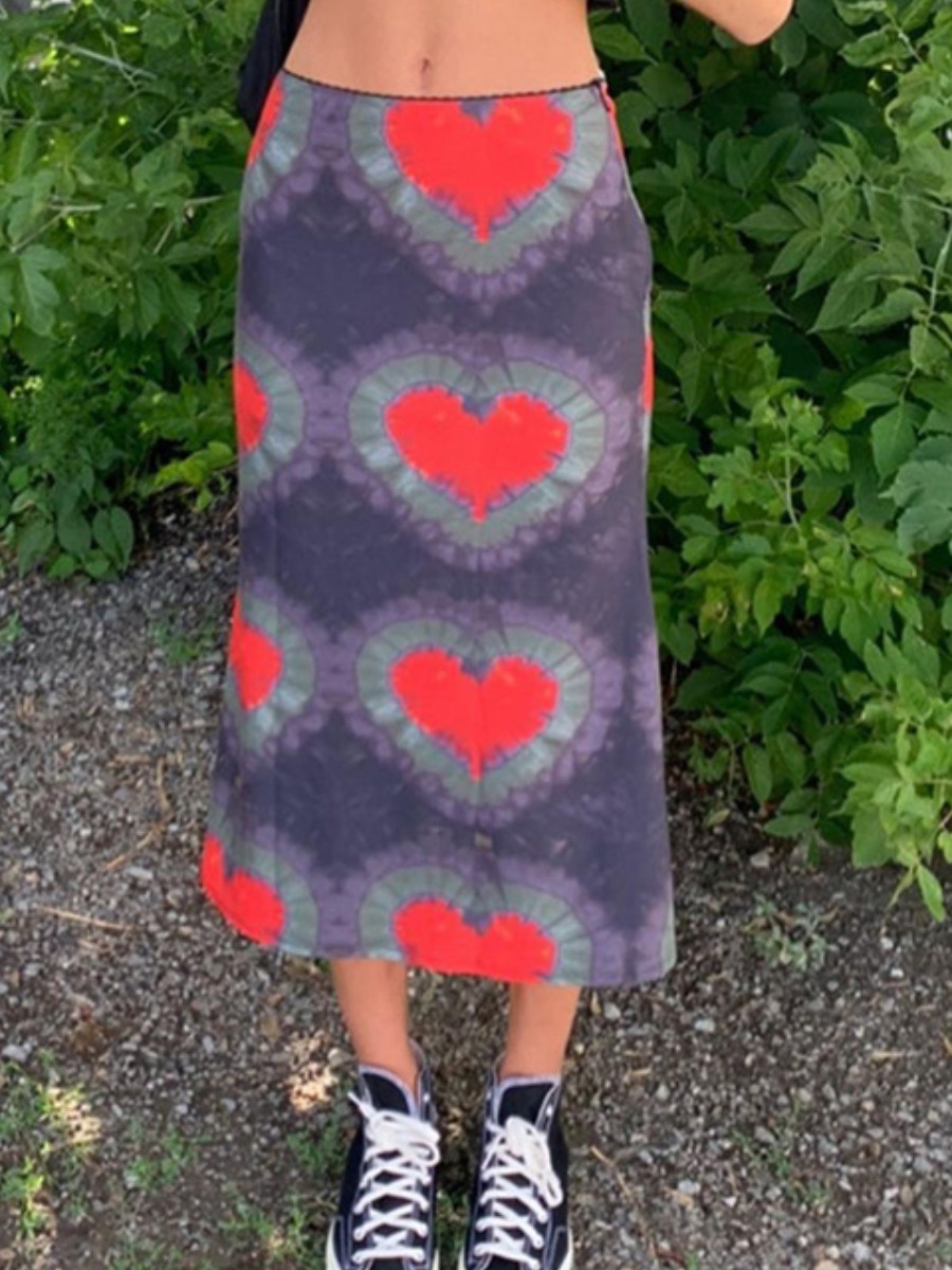 

Lovely Street Heart-shaped Print Patchwork Grey Ankle Length Skirt