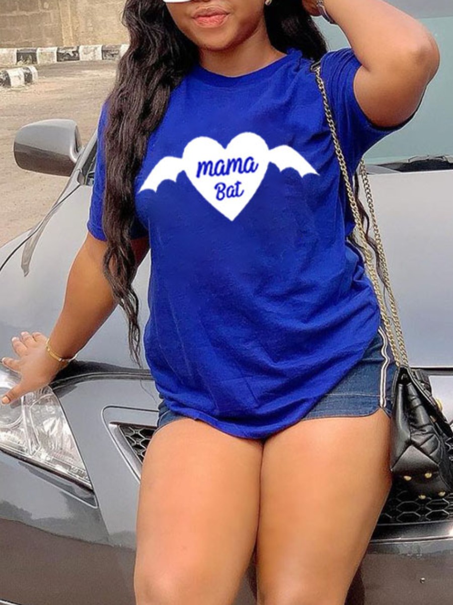 

Lovely Casual Heart-shaped Letter Print Royalblue T-shirt