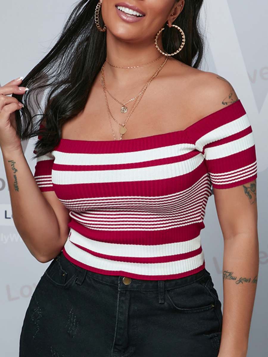 

Lovely Street Off The Shoulder Striped Red T-shirt