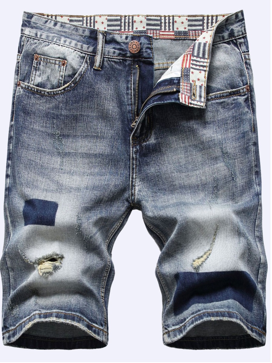 LW Men Casual Mid Waist Ripped Blue Denim Shorts (No Stretch)