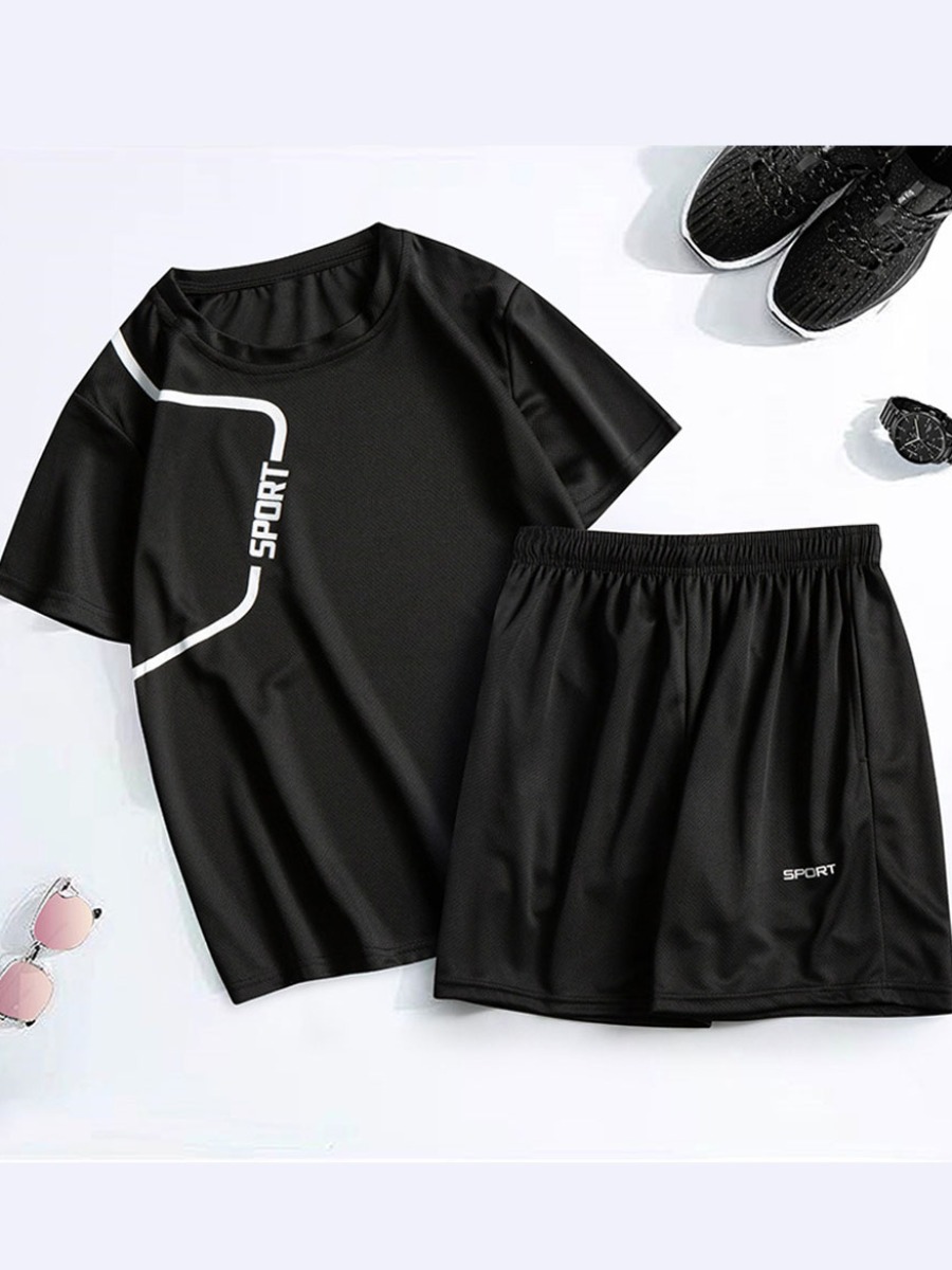 

Lovely Men Sporty O Neck Letter Print Black Two Piece Shorts Set