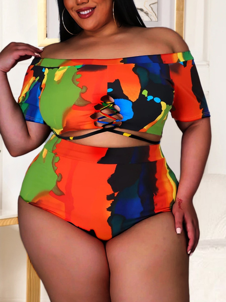 

LW Plus Size Boho Off The Shoulder Bandage Hollow-out Design Multicolor Tankini, Multi