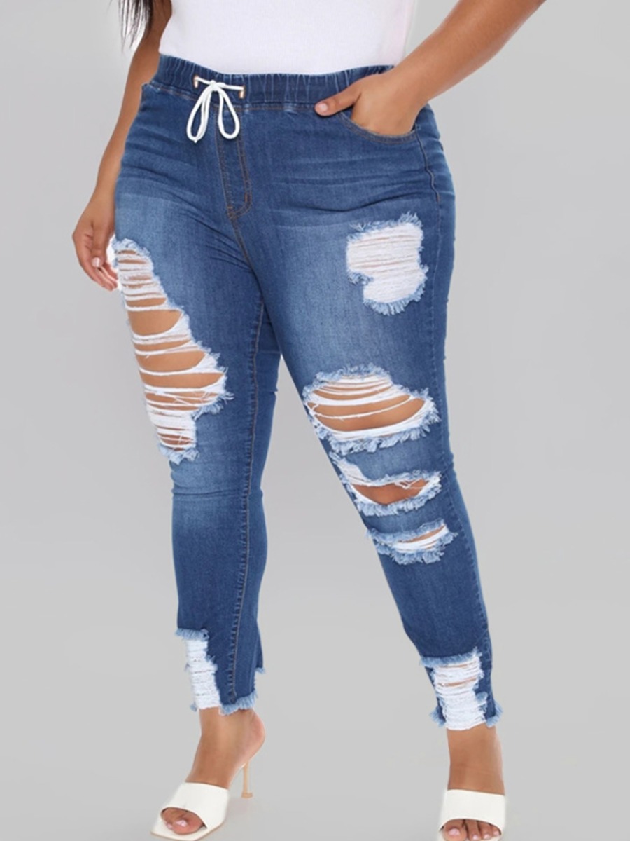 

Lovely Street Ripped Drawstring Deep Blue Plus Size Jeans