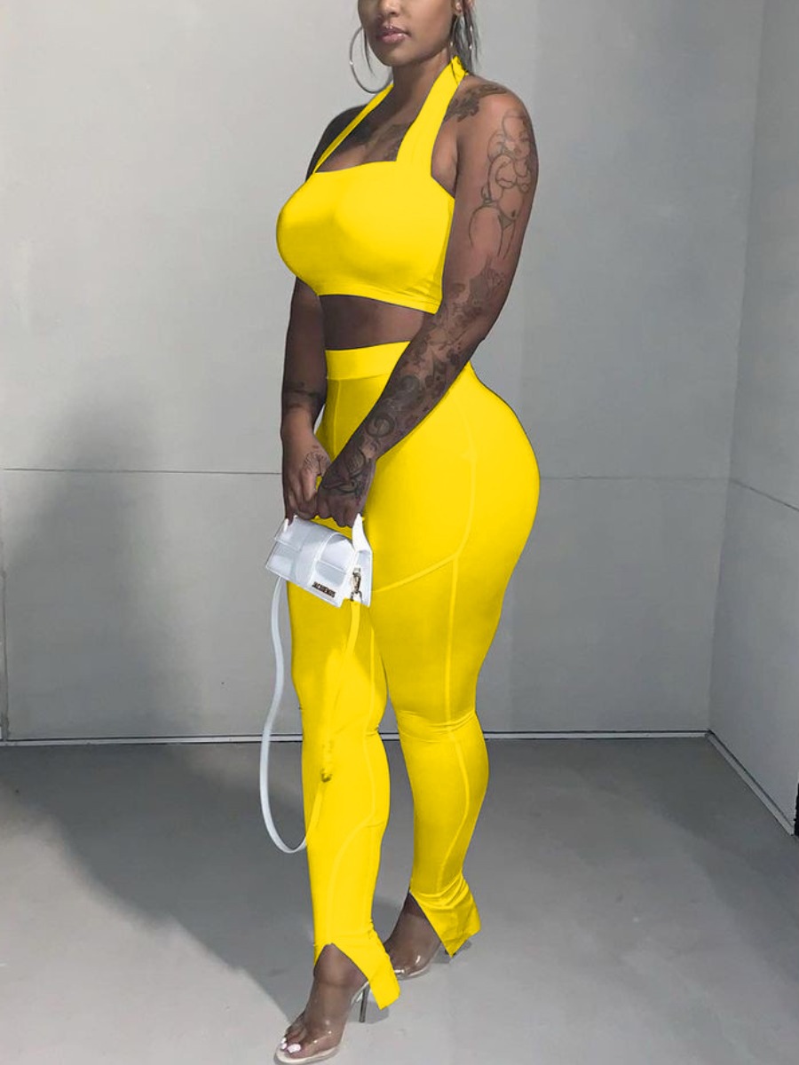 

Lovely Sexy Backless Split Yellow Two Piece Pants Set