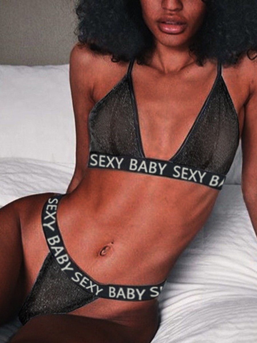 

Lovely Sexy V Neck Letter Print Black Bra Set