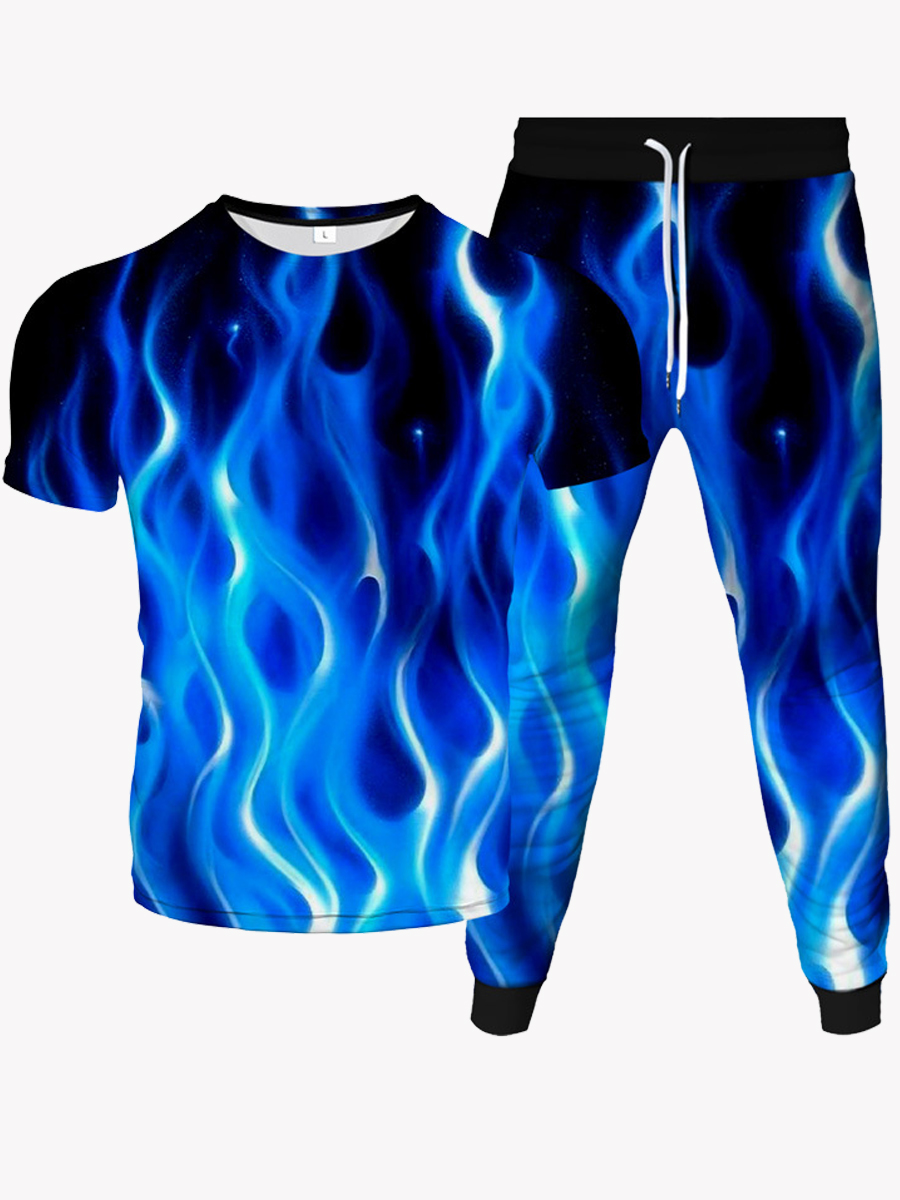 Lovely Men Street Flame Print Drawstring Blue Two Piece Pants Set