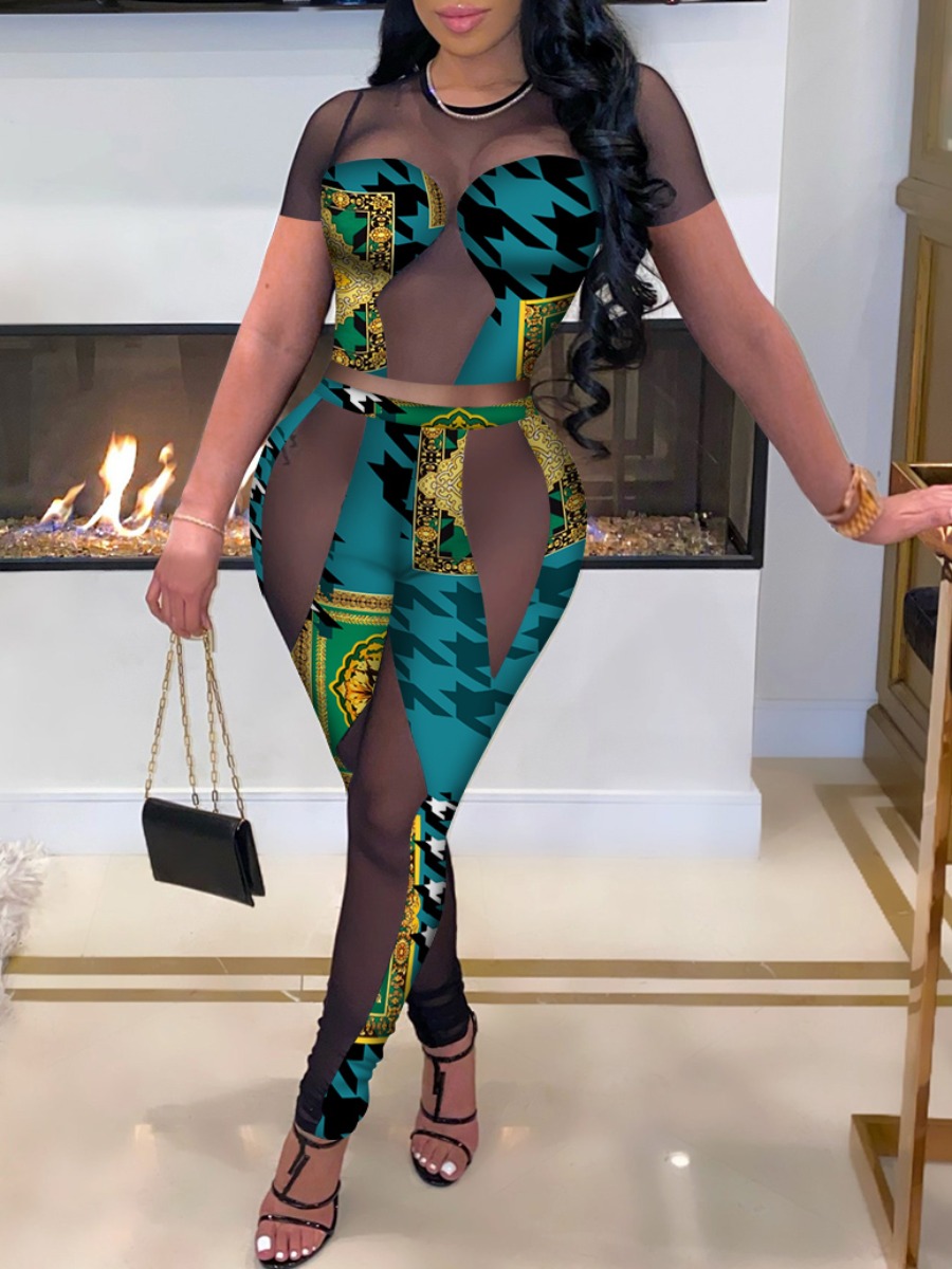 

Lovely Sexy Print Mesh Patchwork Green Two Piece Pants Set