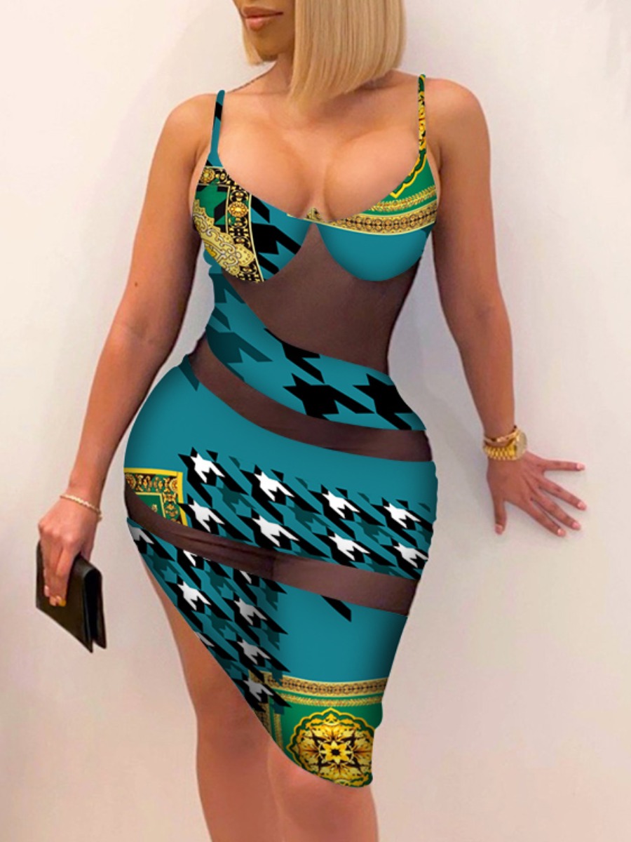 

Lovely Sexy Print Mesh Patchwork Green Mini Dress