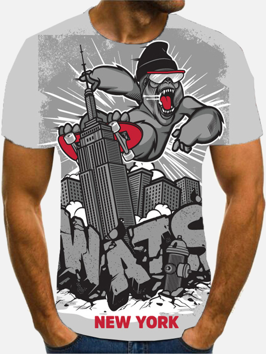

Lovely Men Casual Cartoon Letter Print Grey T-shirt