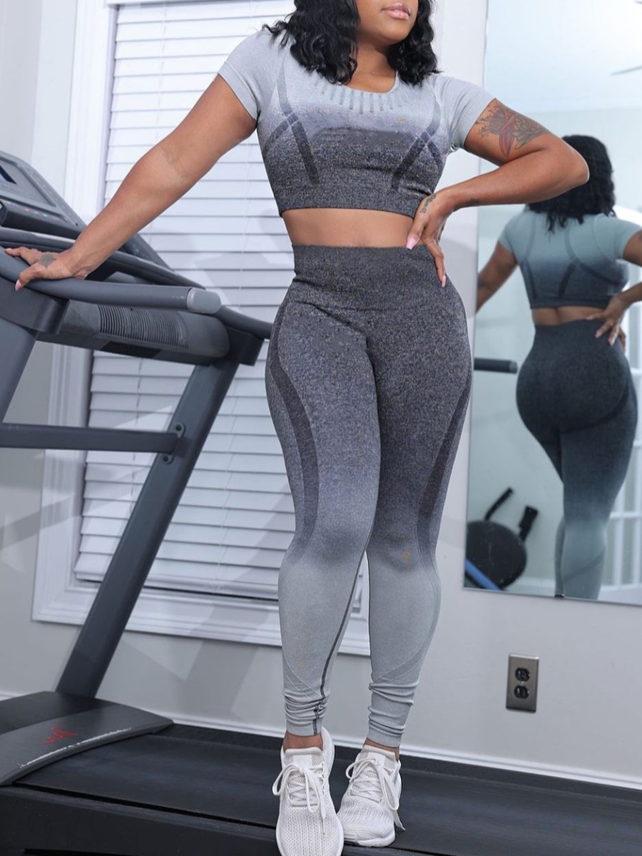 

Lovely Sporty O Neck Gradient Grey Two Piece Pants Set