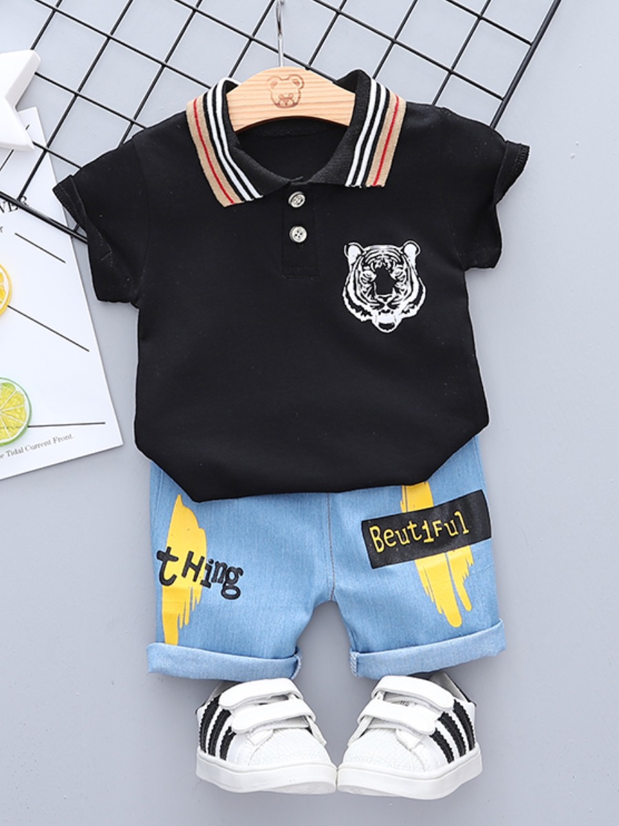 

Lovely Boy Street Tiger Print Striped Black Two Piece Shorts Set