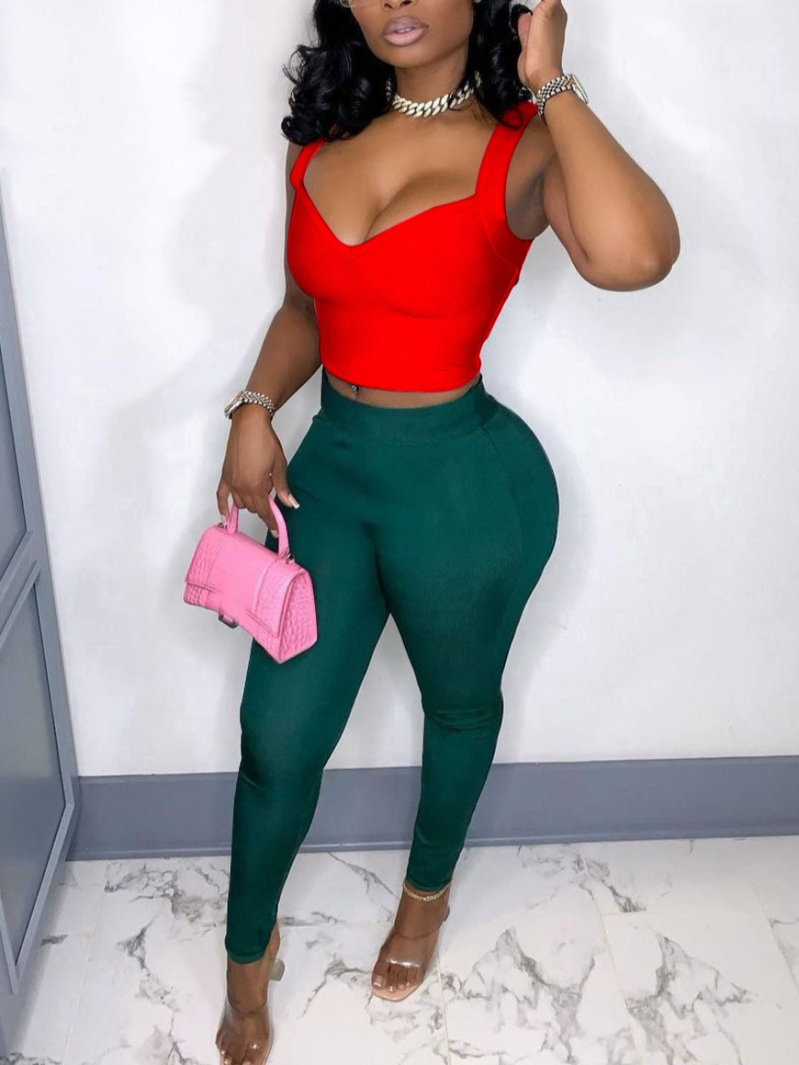 

Lovely Casual V Neck Hollow-out Red Two Piece Pants Set