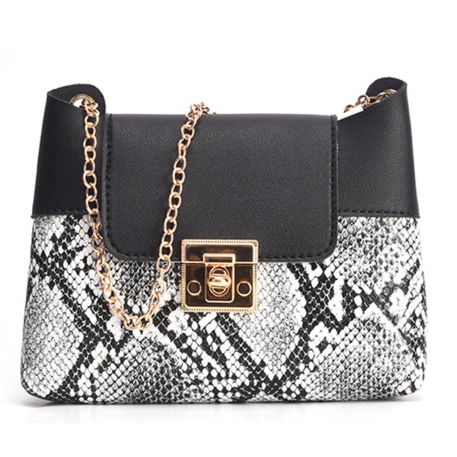 

Lovely Street Cobra Print Chain Strap Black Crossbody Bag