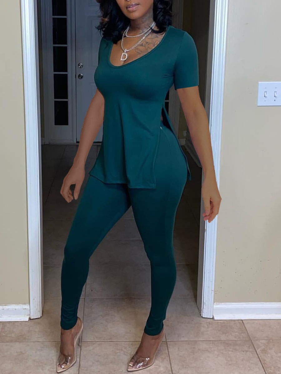 

Lovely Casual U Neck Split Peacock Blue Two Piece Pants Set
