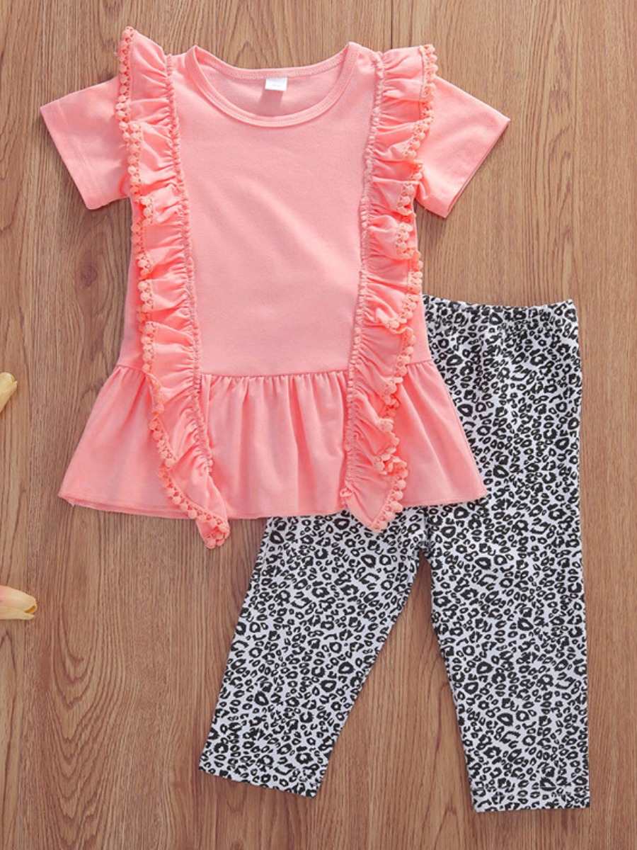 

Lovely Girl Sweet Flounce Design Ball-shaped Decoration Pink Two Piece Pants Set