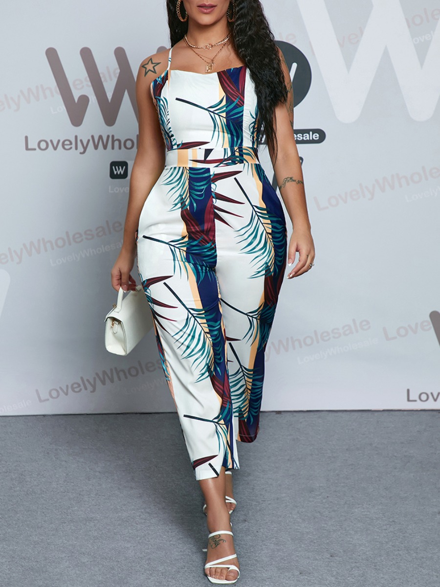 

Lovely Boho Spaghetti Strap Floral Print White One-piece Jumpsuit