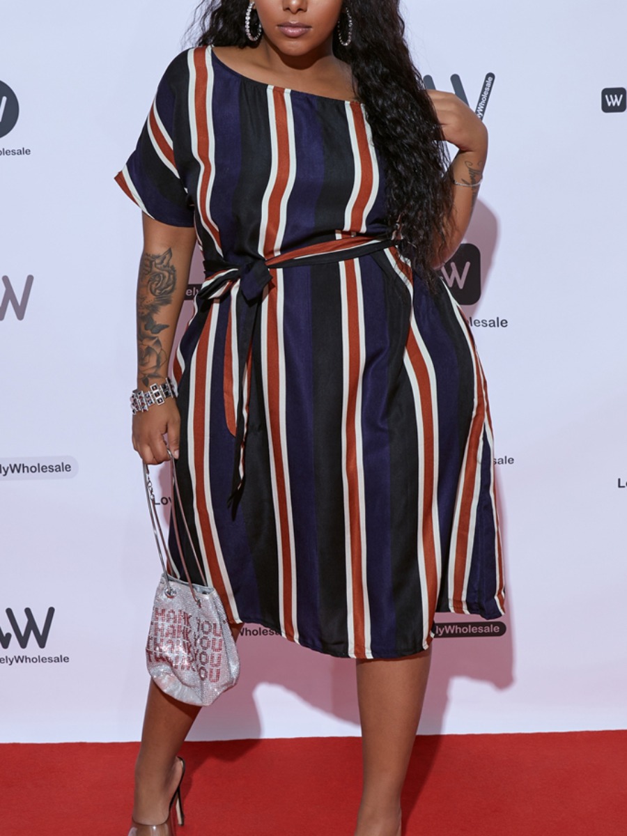

Lovely Casual Bandage Design Striped Navy Blue Knee Length Plus Size Dress