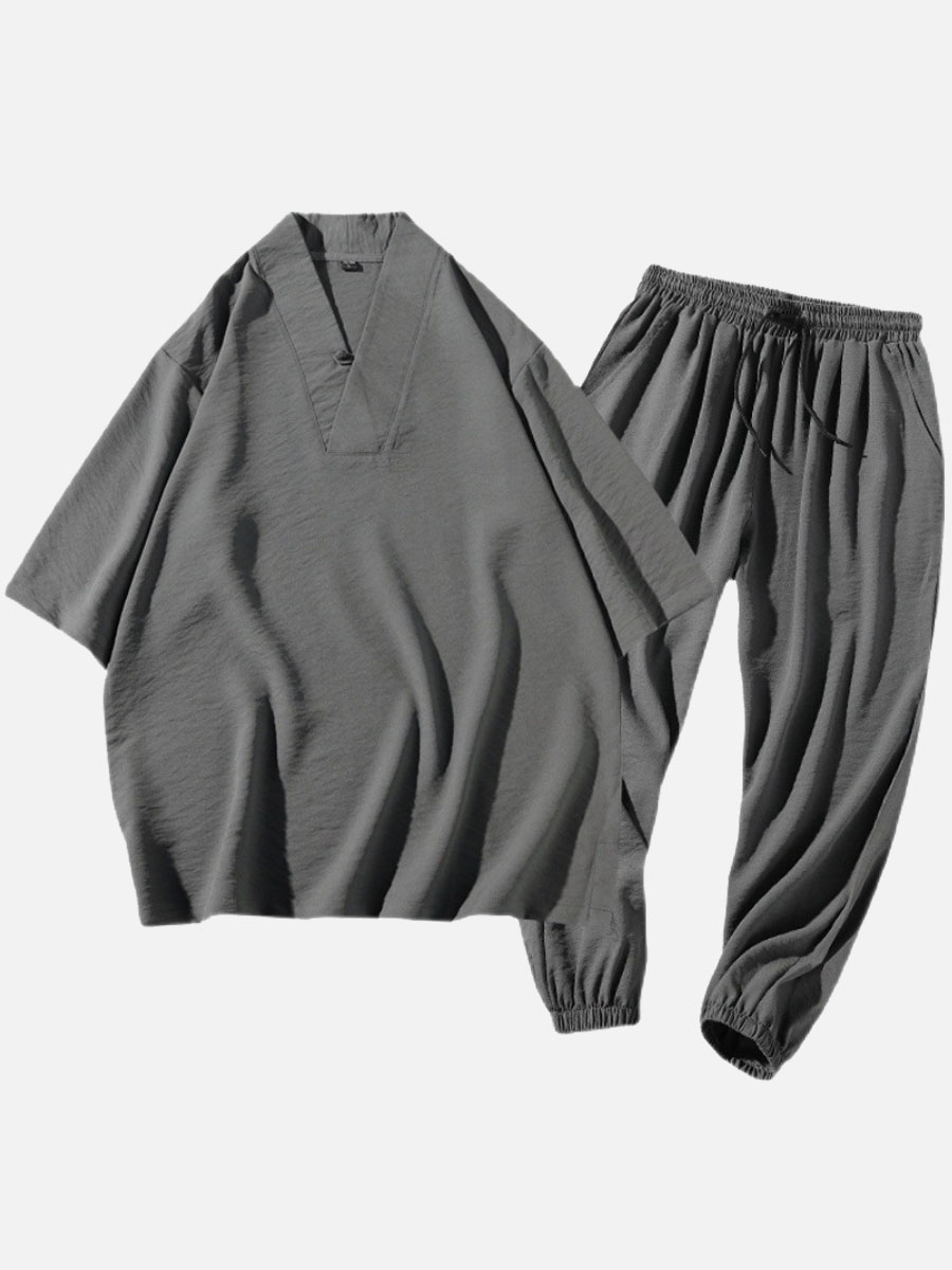 

Lovely Men Casual V Neck Drawstring Grey Two Piece Pants Set
