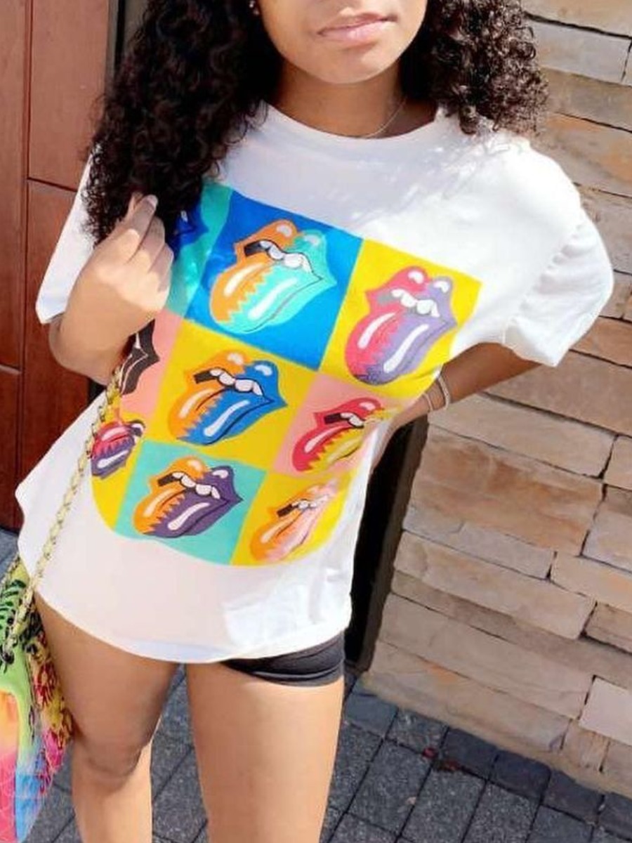 

Lovely Casual Lip Print Patchwork White T-shirt