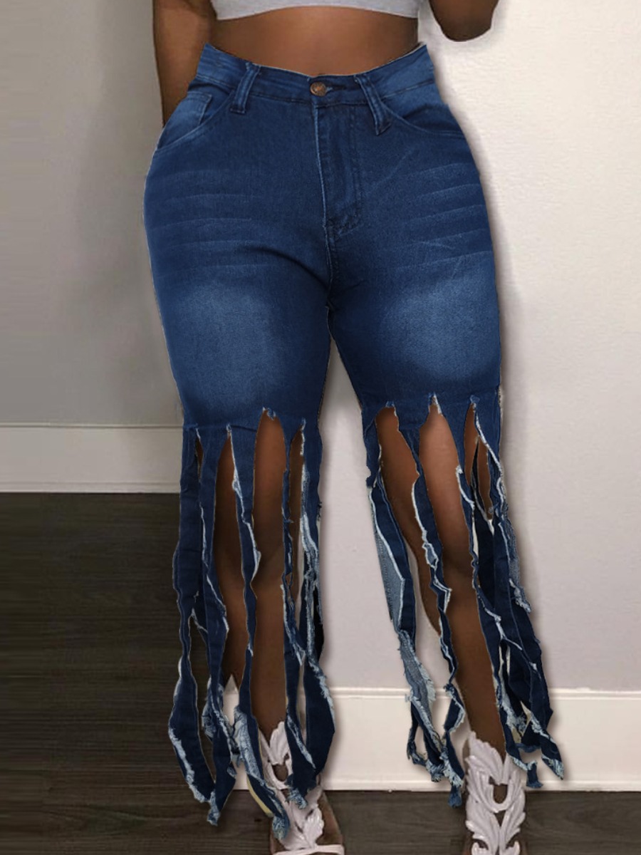 

Lovely Street High-waisted Tassel Design Deep Blue Denim Shorts