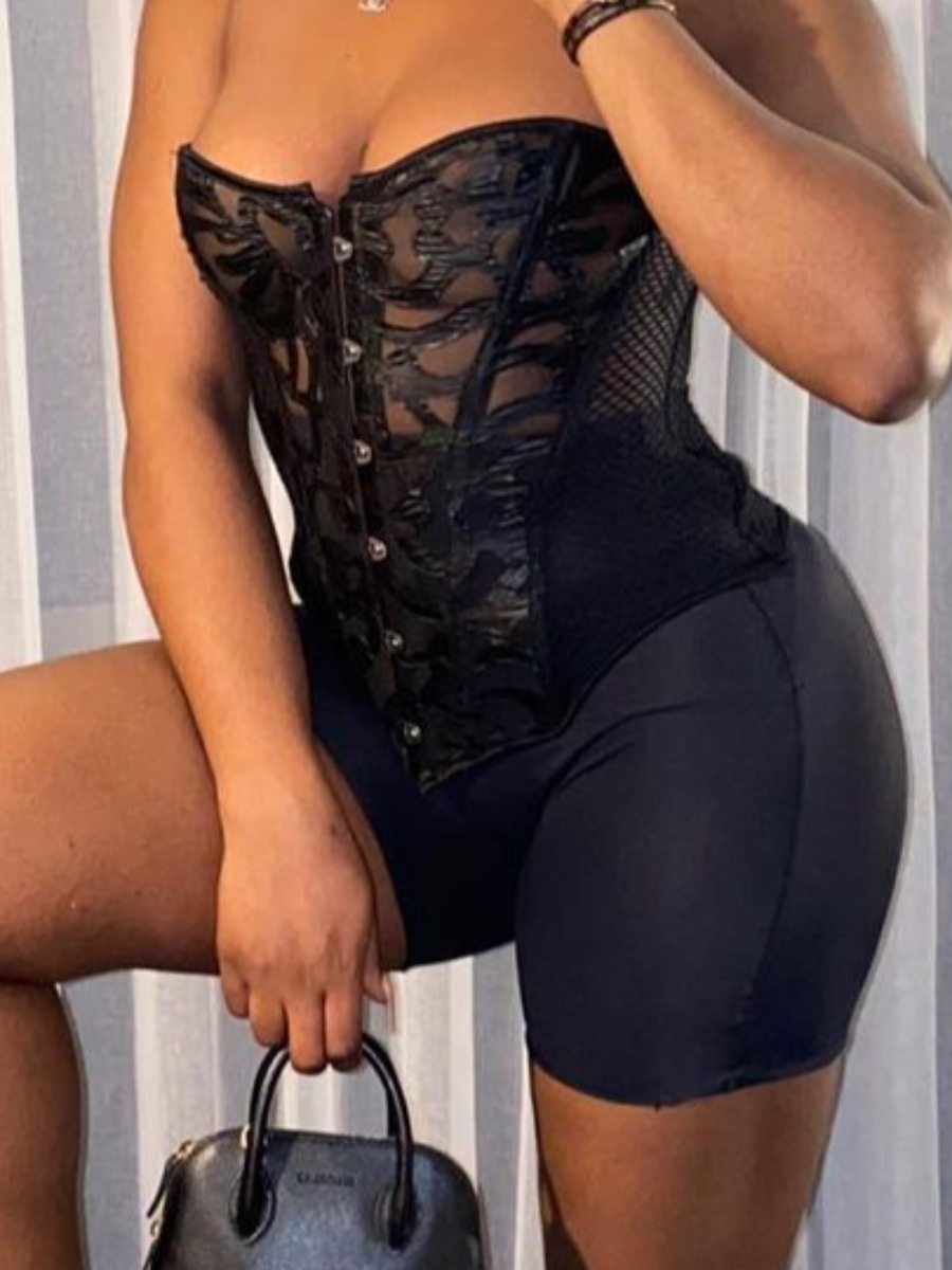 

Lovely Sexy Off The Shoulder See-through Black Two Piece Shorts Set