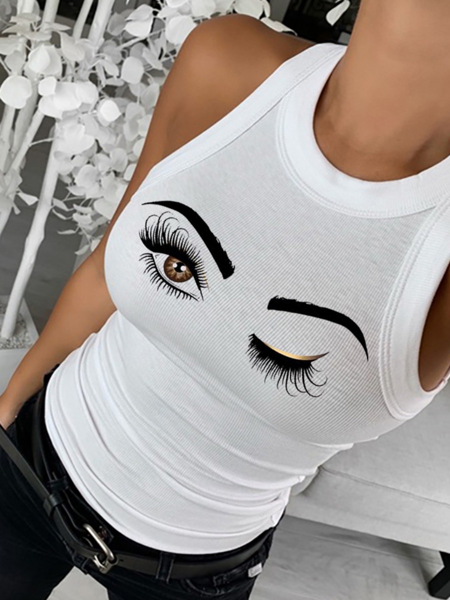 LW Casual O Neck Eye Print White Camisole