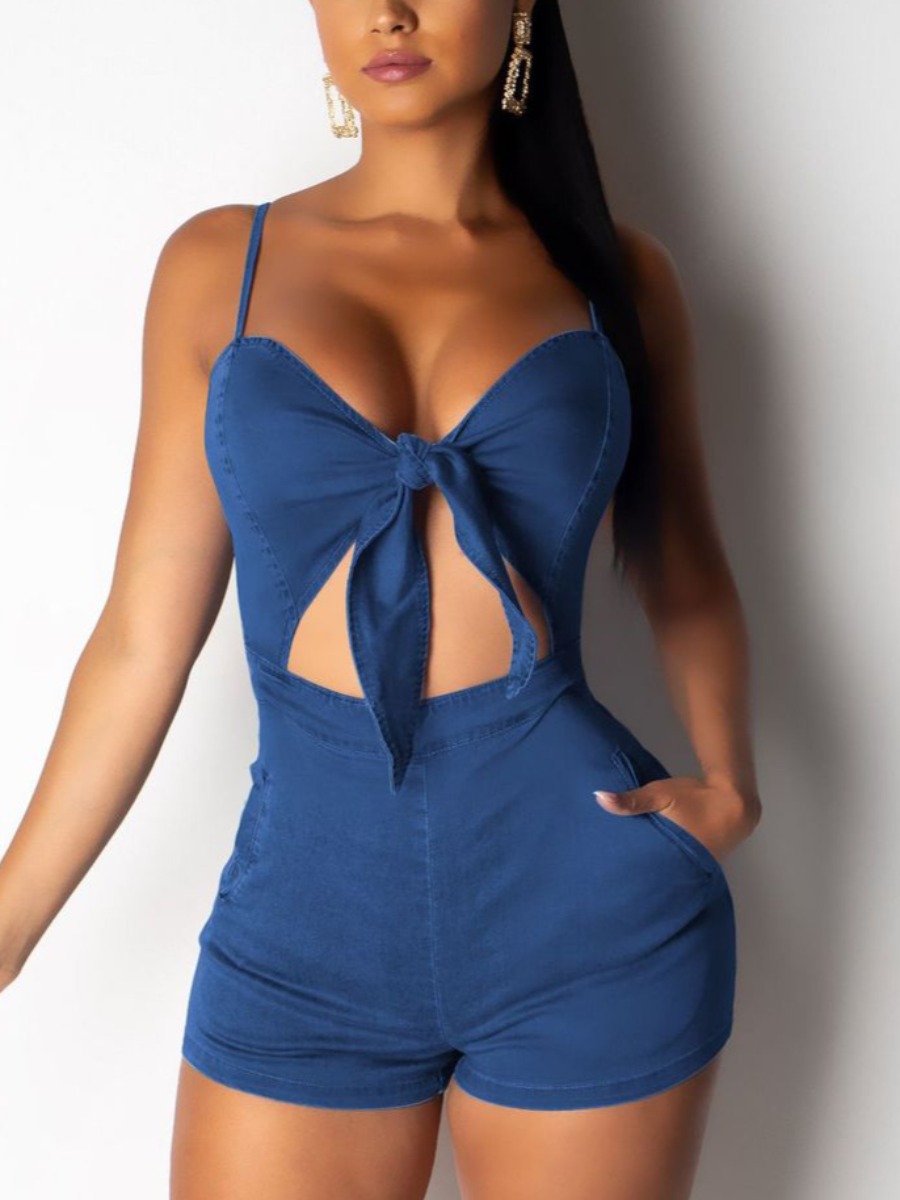 

Lovely Sexy Bandage Hollow-out Design Deep Blue One-piece Denim Jumpsuit