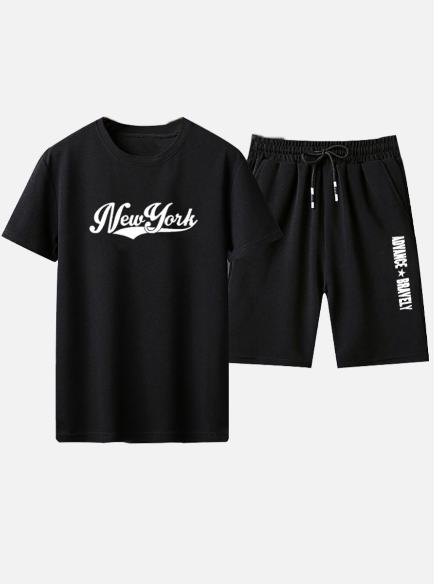 

Lovely Men Casual Letter Print Drawstring Black Two Piece Shorts Set