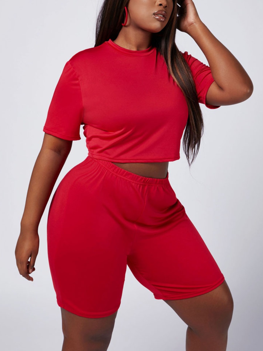 

Lovely Sporty O Neck Elastic Red Plus Size Two-piece Shorts Set