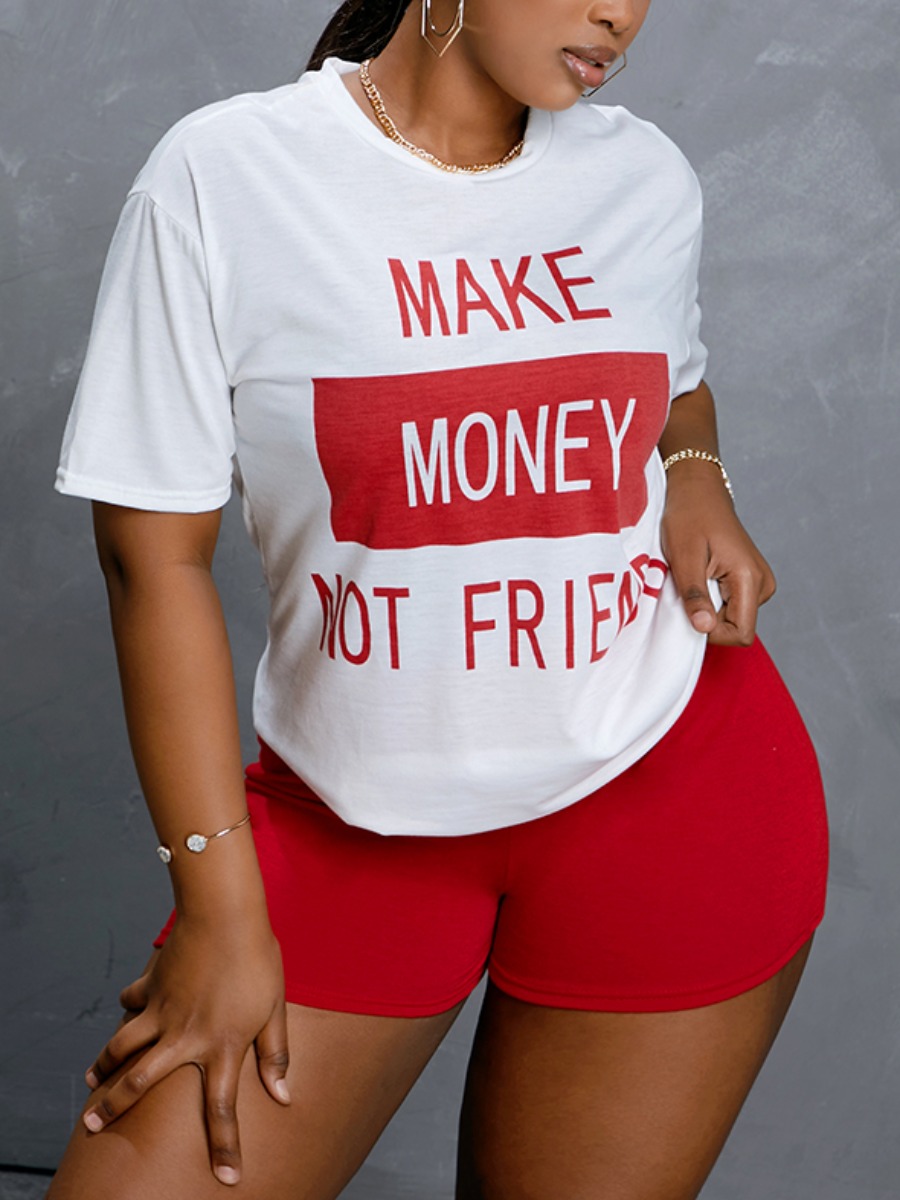 

Lovely Plus Size Casual O Neck Letter Print Red Two-piece Shorts Set