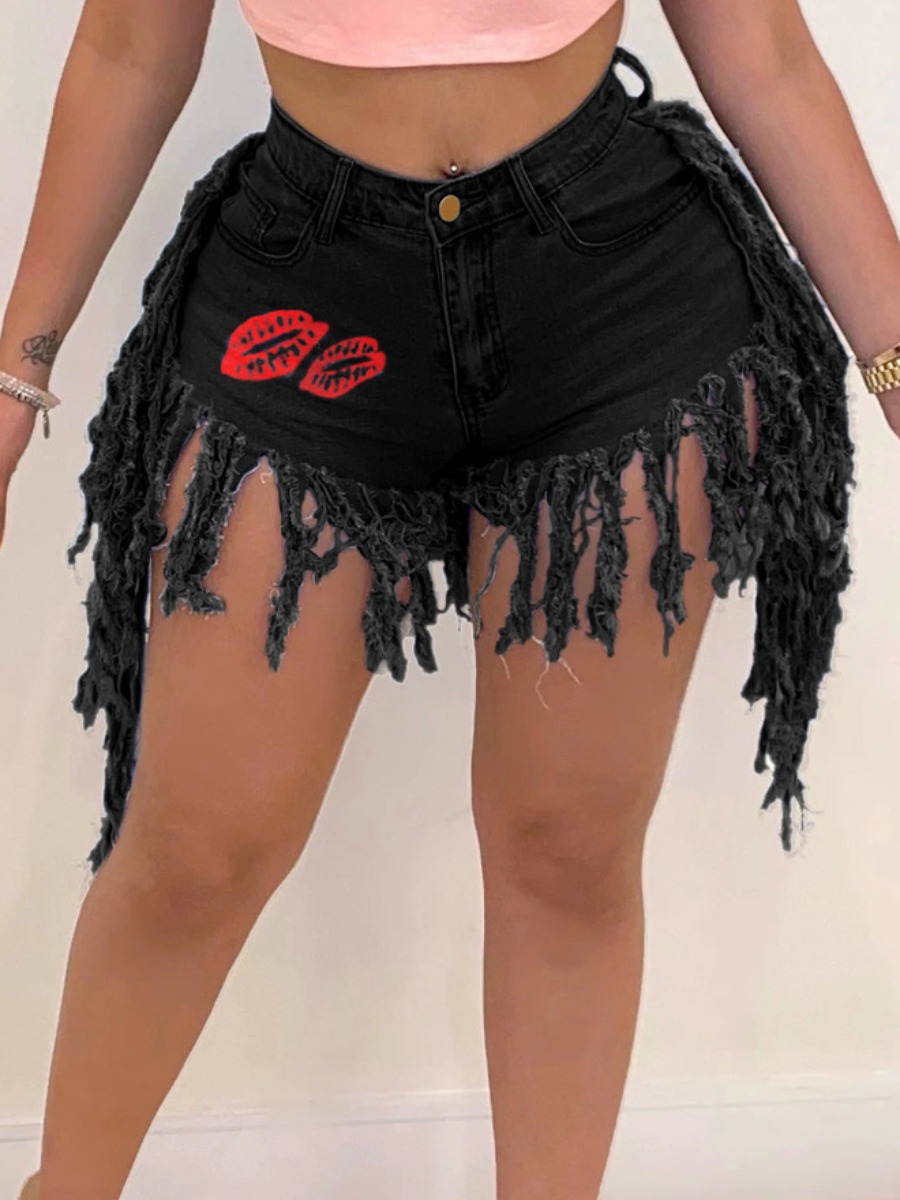

Lovely Casual Lip Print Tassel Design Black Denim Shorts