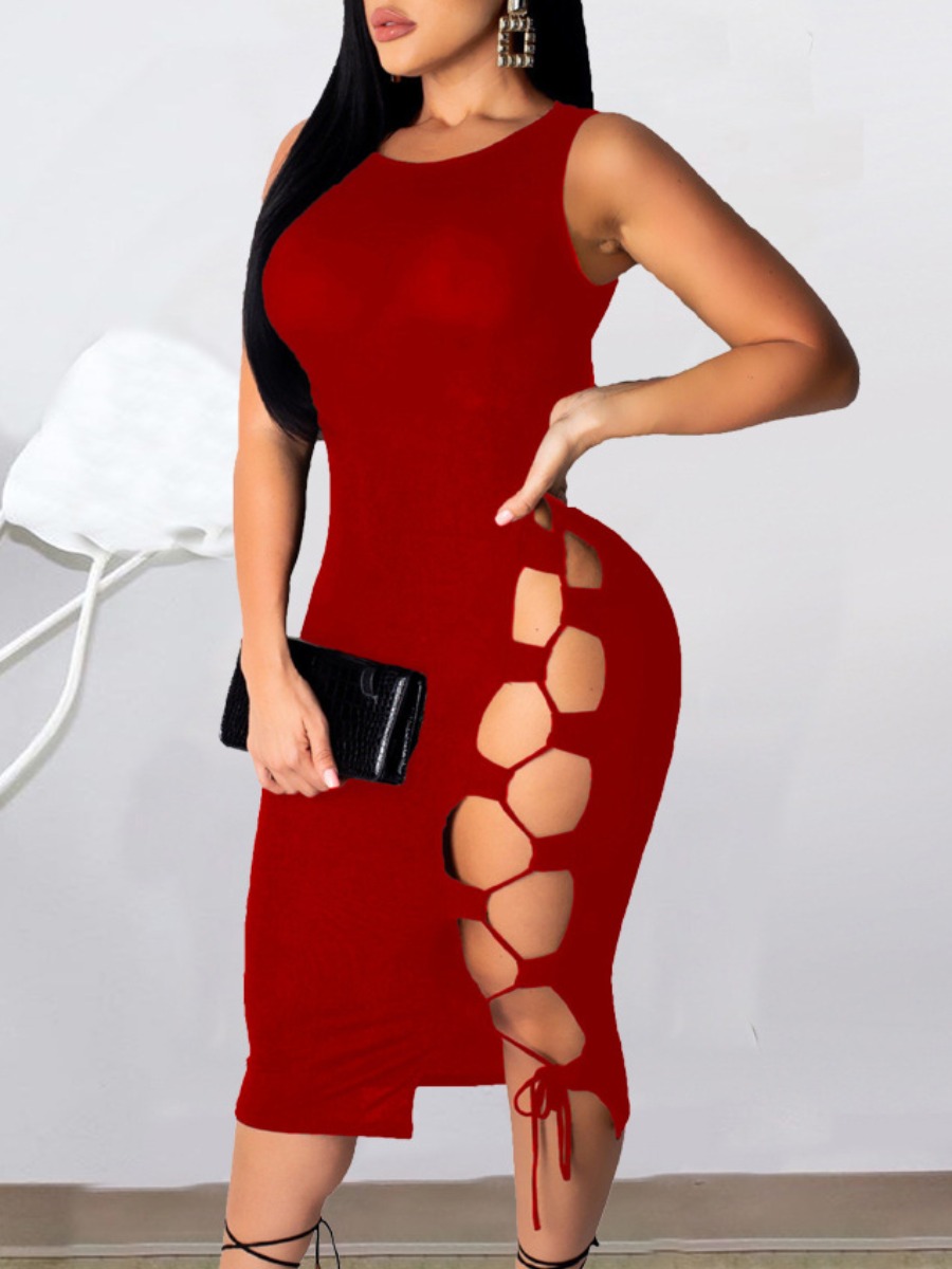

Lovely Sexy Bandage Hollow-out Design Red Mid Calf Dress