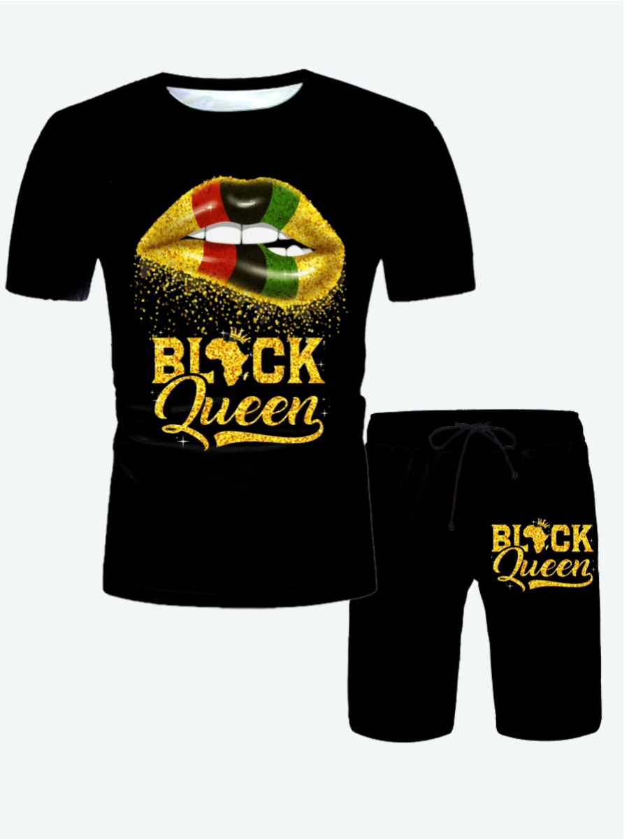 

LW Men Casual Lip Letter Print Black Two Piece Shorts Set