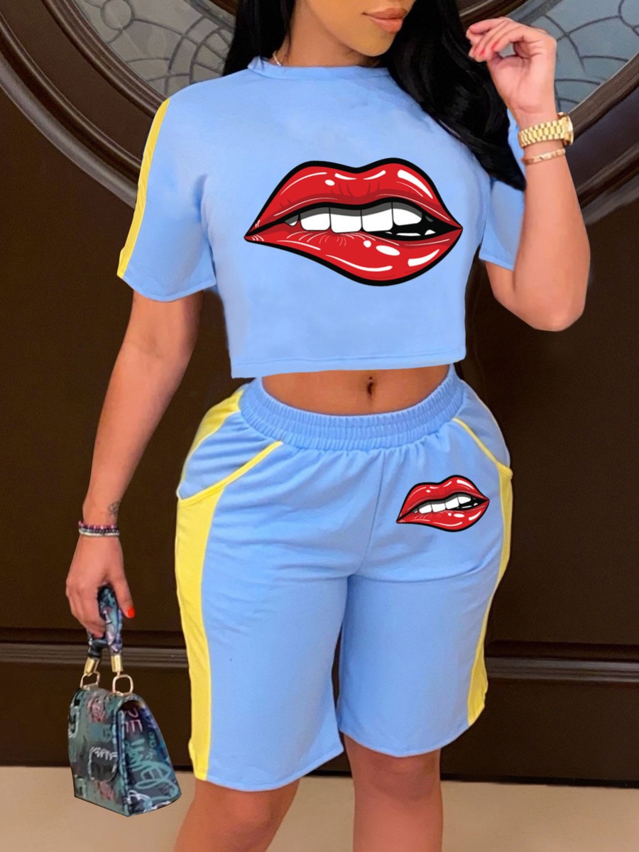 

Lovely Sporty Lip Print Striped Blue Two Piece Shorts Set