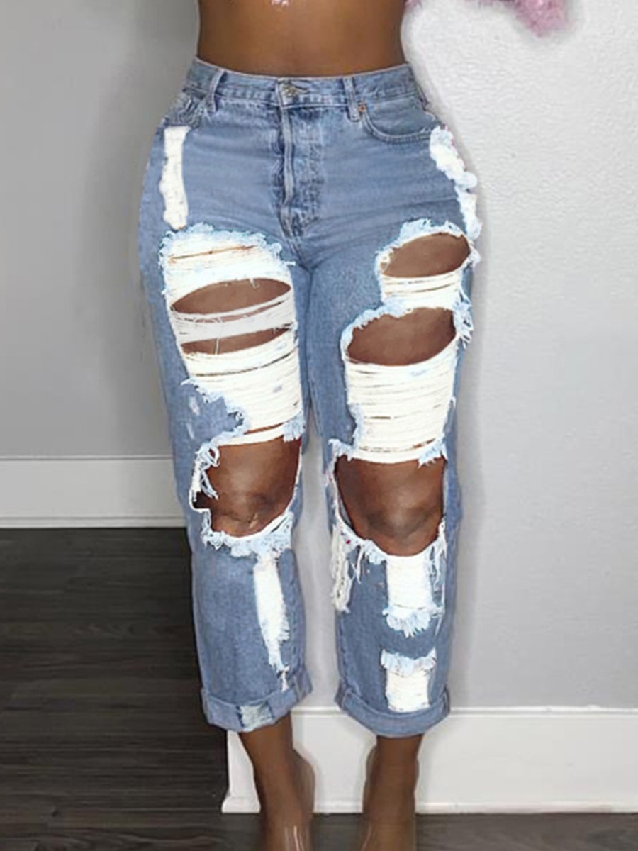 

Lovely Street High-waisted Ripped Baby Blue Jeans