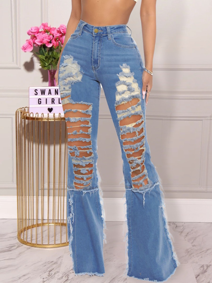 

Lovely Street Flared Ripped Raw Edge Blue Jeans