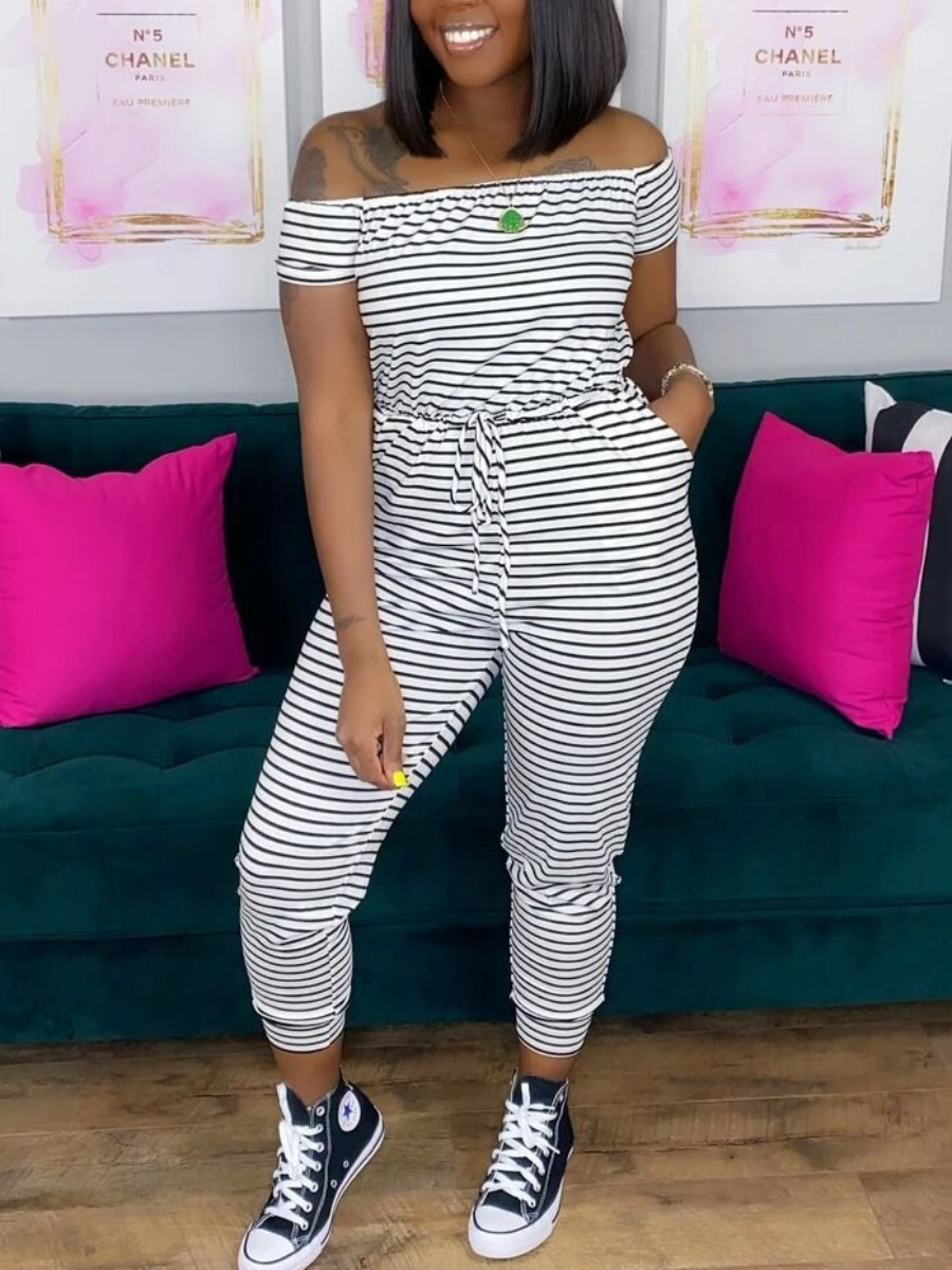 

LW Casual Off The Shoulder Striped White One-piece Jumpsuit