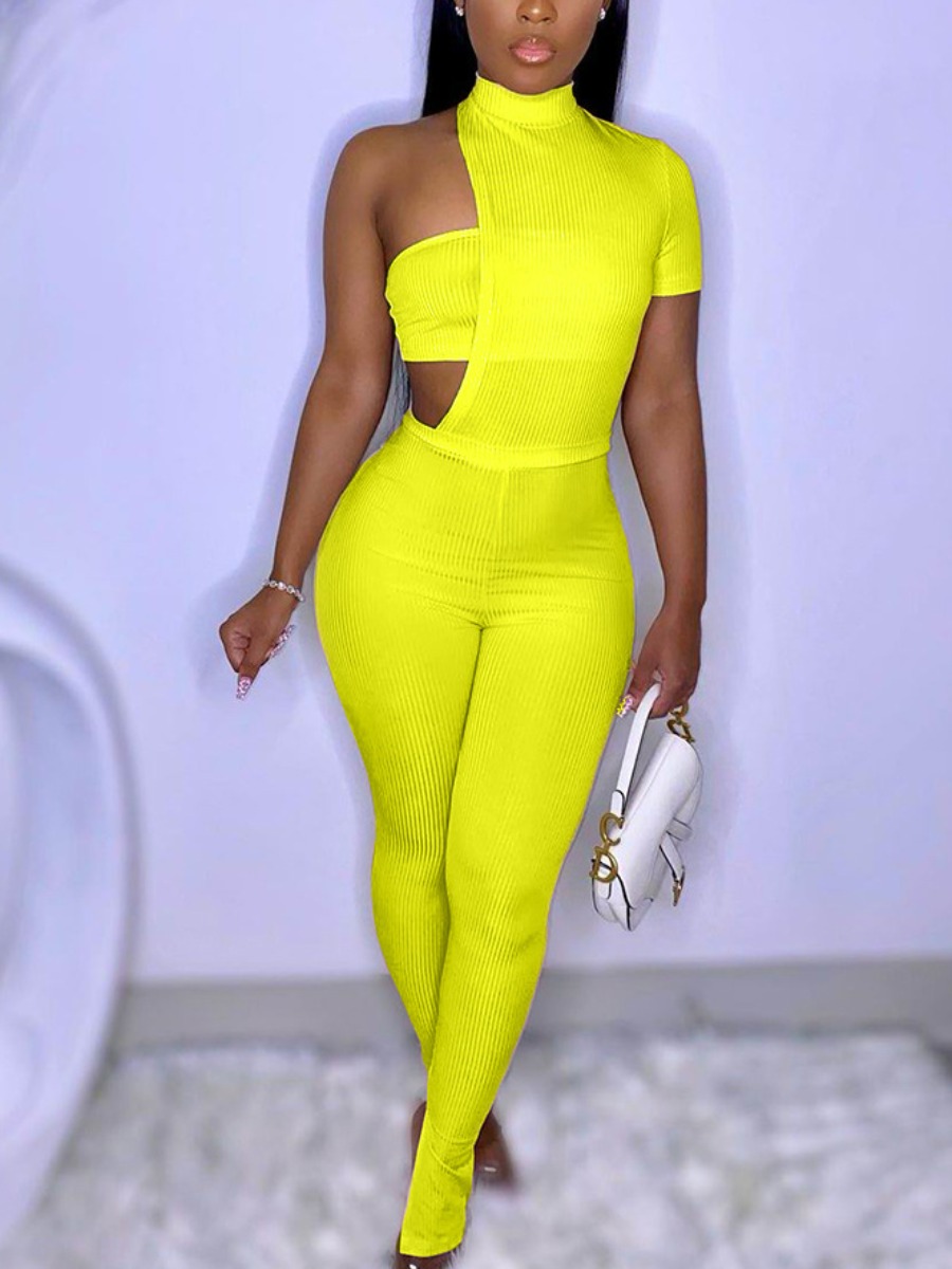 

Lovely Sweet One Shoulder Rib-Knit Yellow Two Piece Pants Set