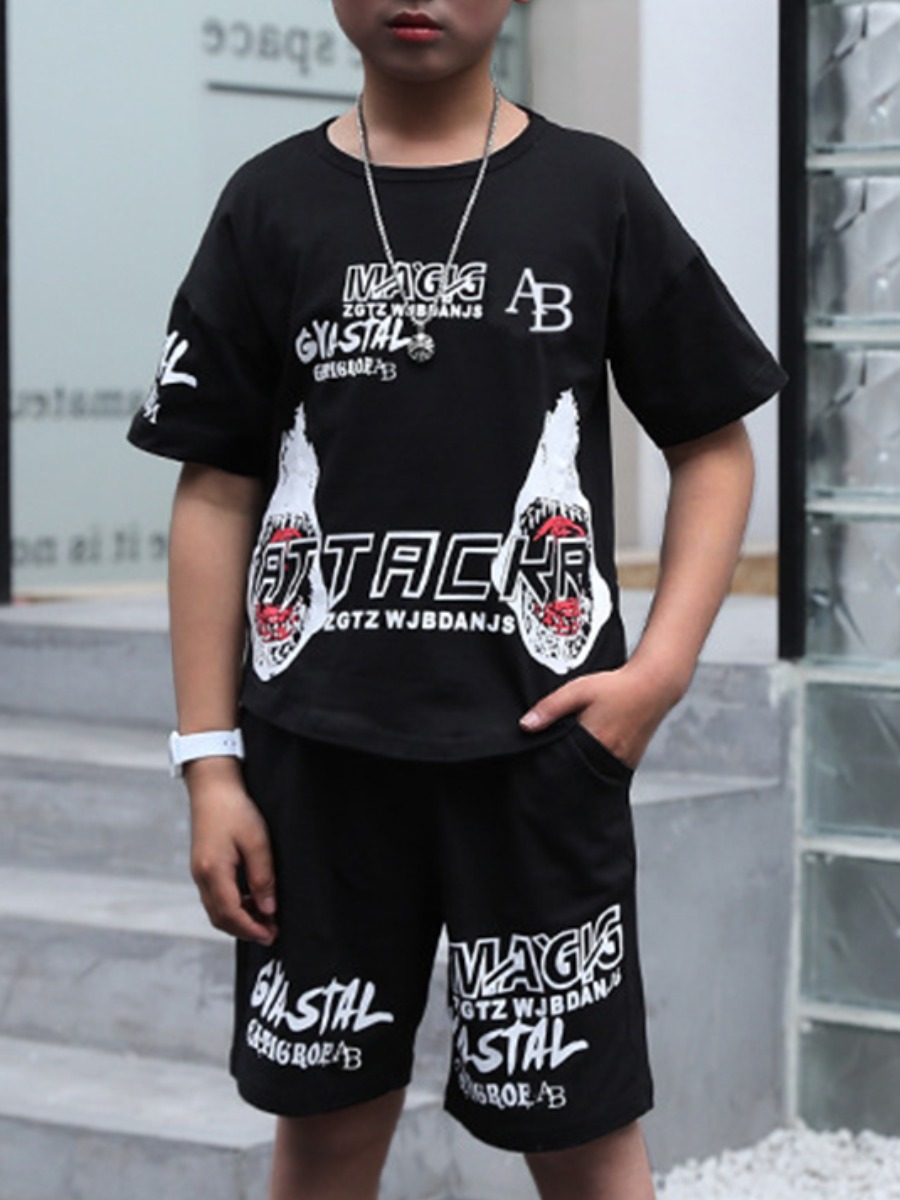 

Lovely Boy Street Letter Print Patchwork Black Two Piece Shorts Set